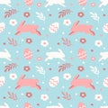 Cute vector seamless pattern on Easter theme with hand drawn rabbits, flowers and colored eggs